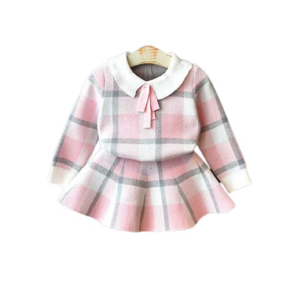 Girls Pink Plaid Dress with White Collar
